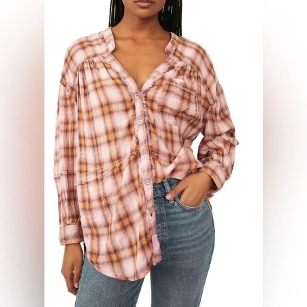 Free People We The Free One of the Boys Pink Ivory Plaid Button Up Tunic Shirt S